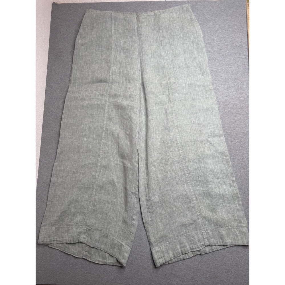 FLAX 100% Linen Wide Leg Pants Elastic Waist Green Sz Large Lagenlook